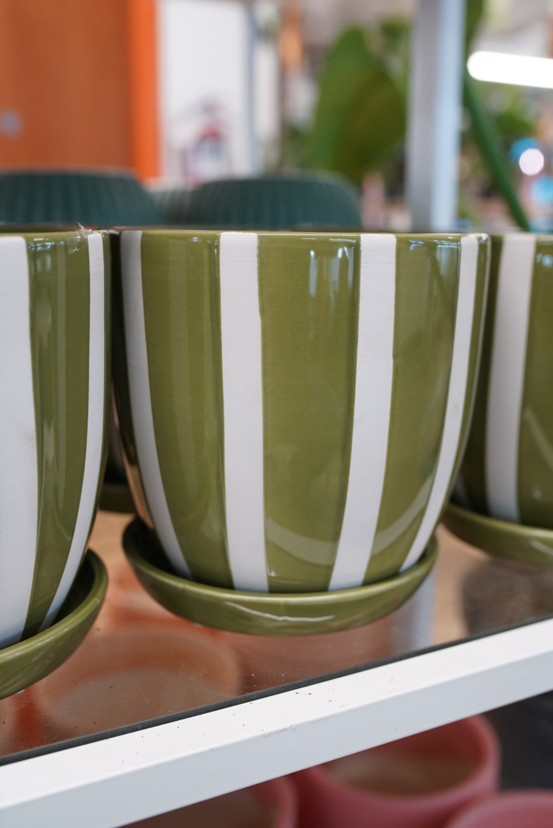 Green/White Stripe Planter with Saucer