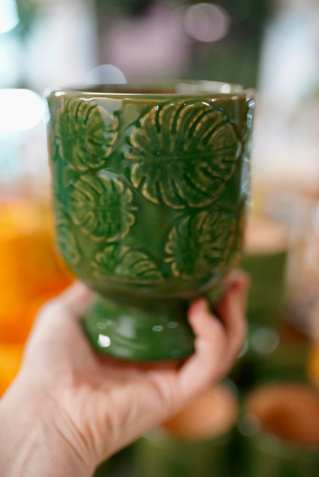 Green Embossed Monstera Leaf Pedestal Planter