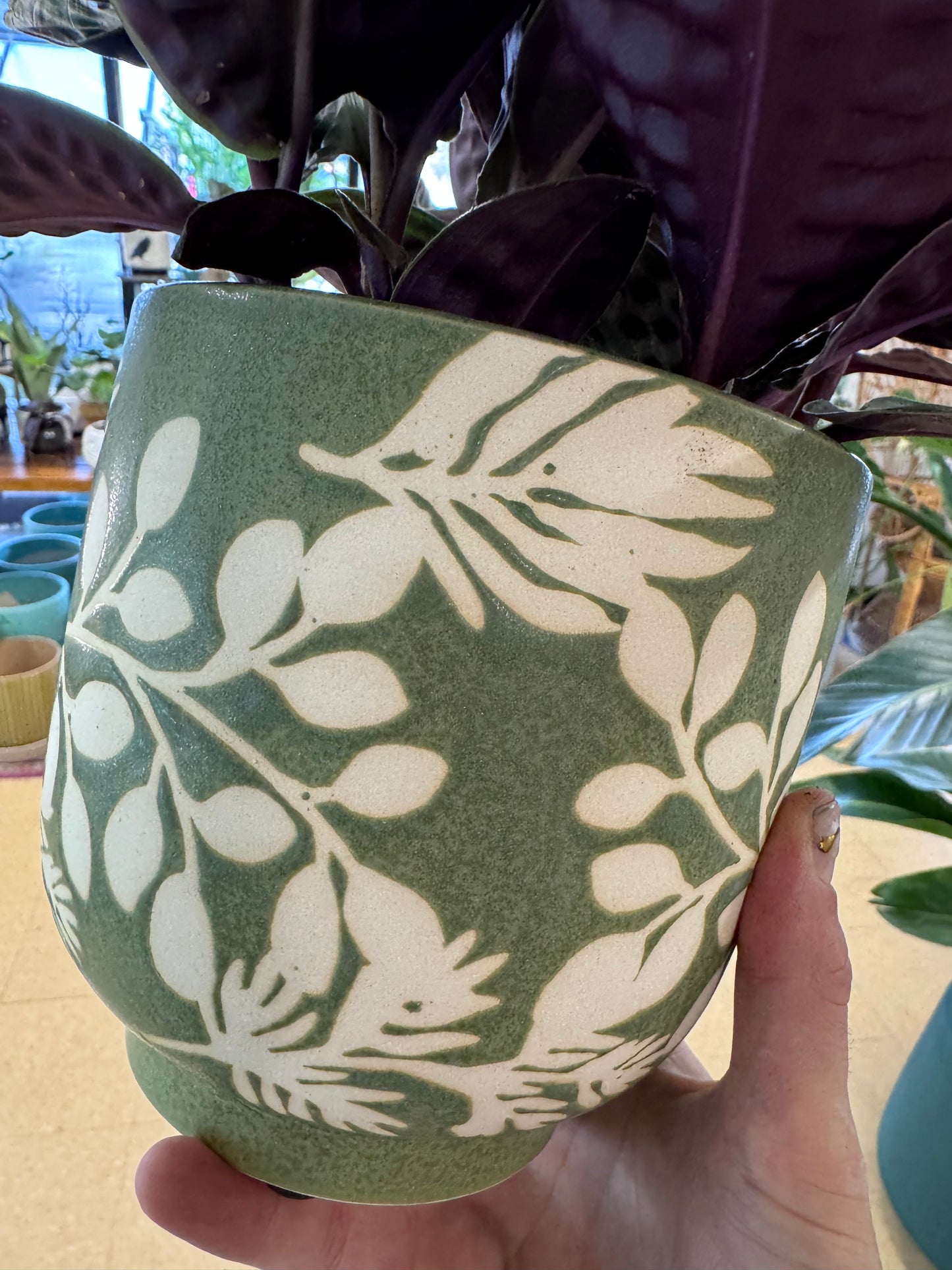 Green Textured Leaves Planter