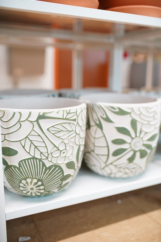 Green and White Floral Planter