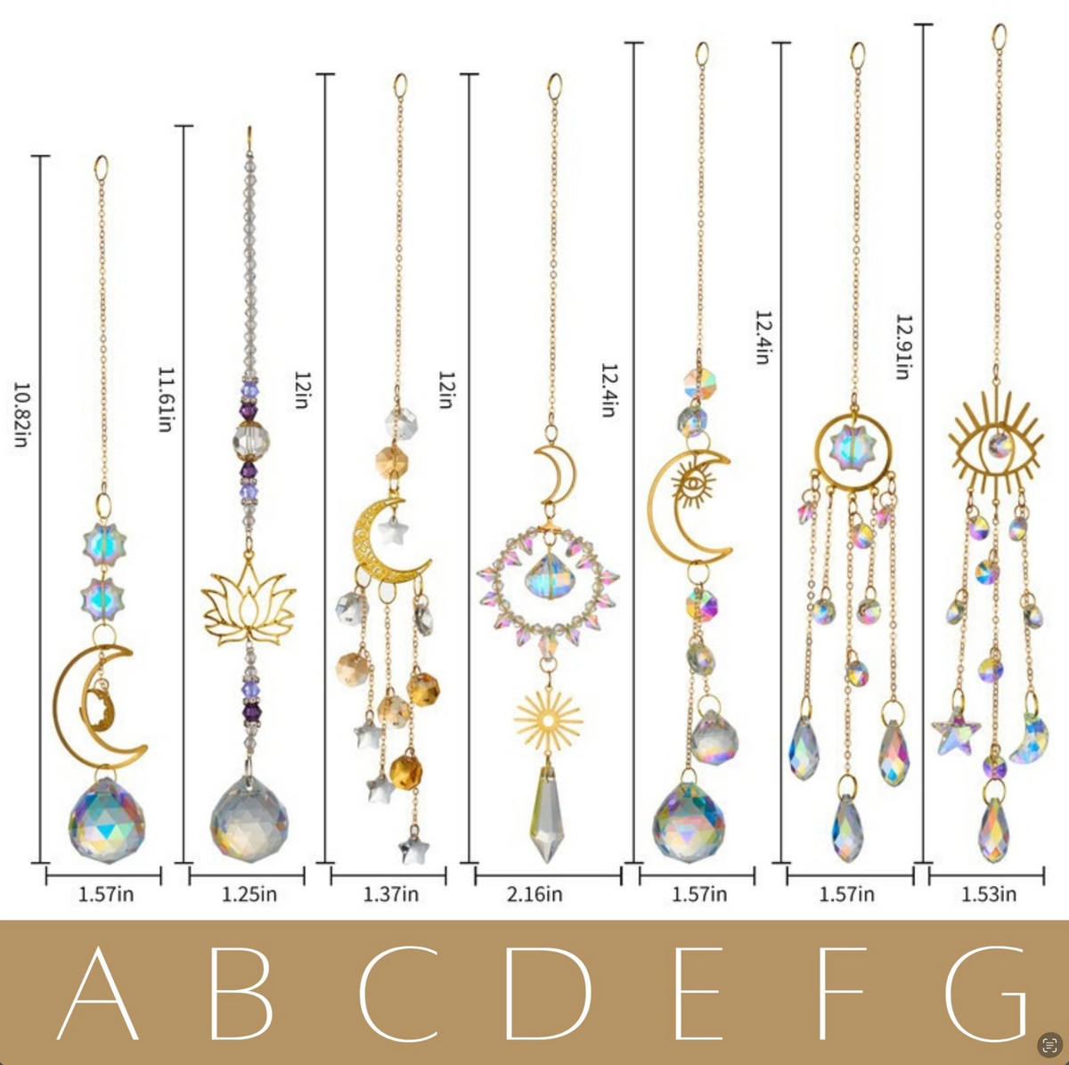 Seven gold-toned hanging ornament designs with iridescent and pearl-like beads and teardrop crystals, shown with labeled lengths and a row of letters A through G below.