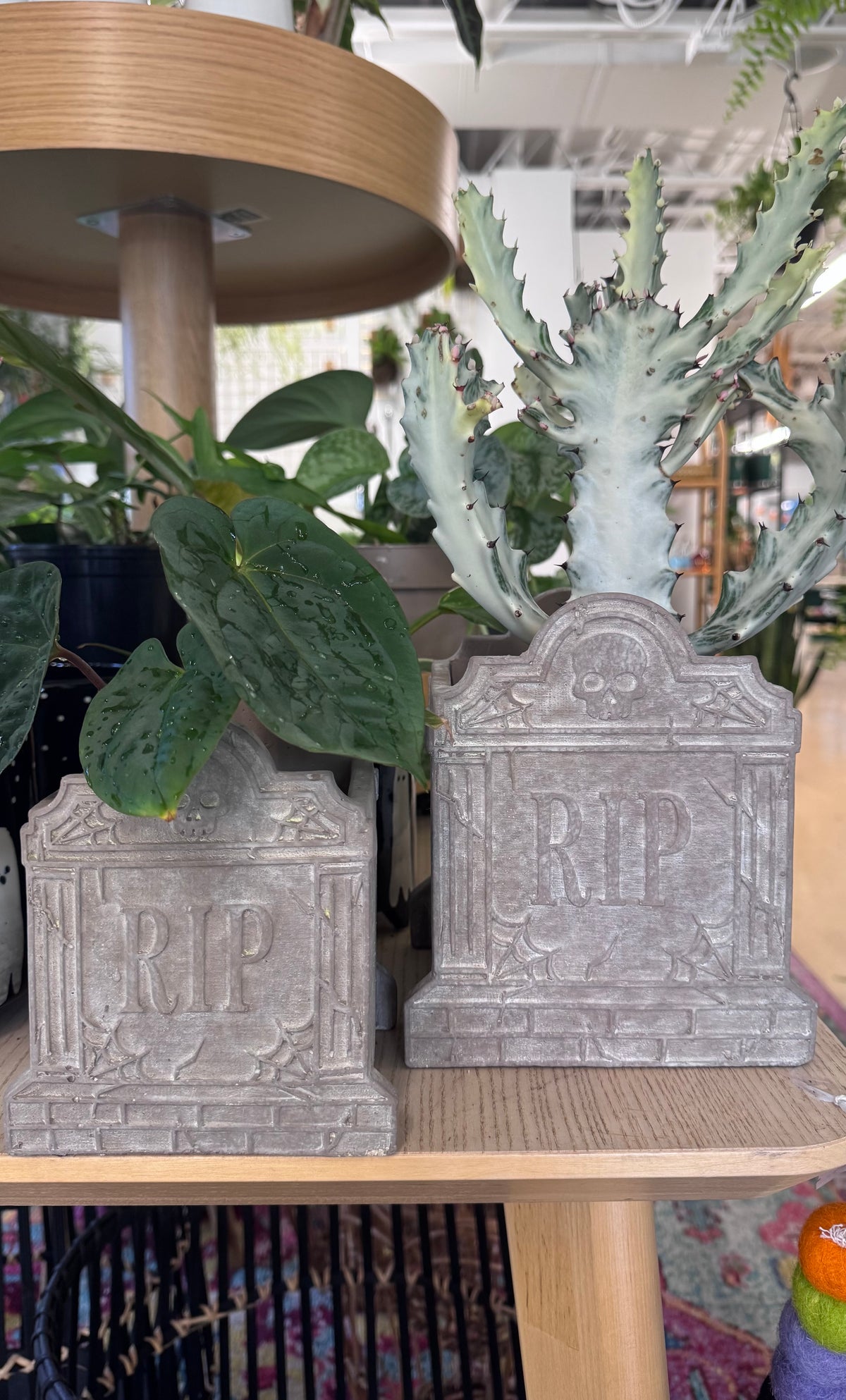 Two gray tombstone-shaped planter pots with 'RIP' lettering, displayed on a wooden shelf with green plants in a store setting.
