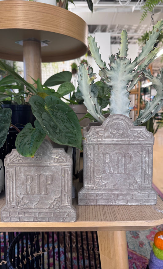 Two gray tombstone-shaped planter pots with 'RIP' lettering, displayed on a wooden shelf with green plants in a store setting.