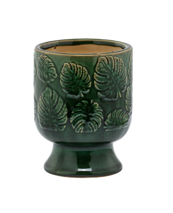 Green Embossed Monstera Leaf Pedestal Planter