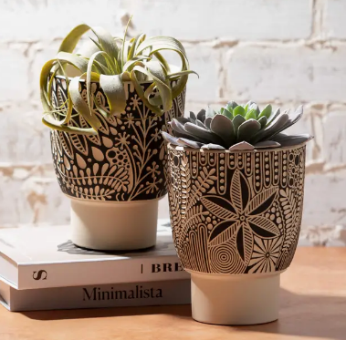 Black Botanical Patterned Pots
