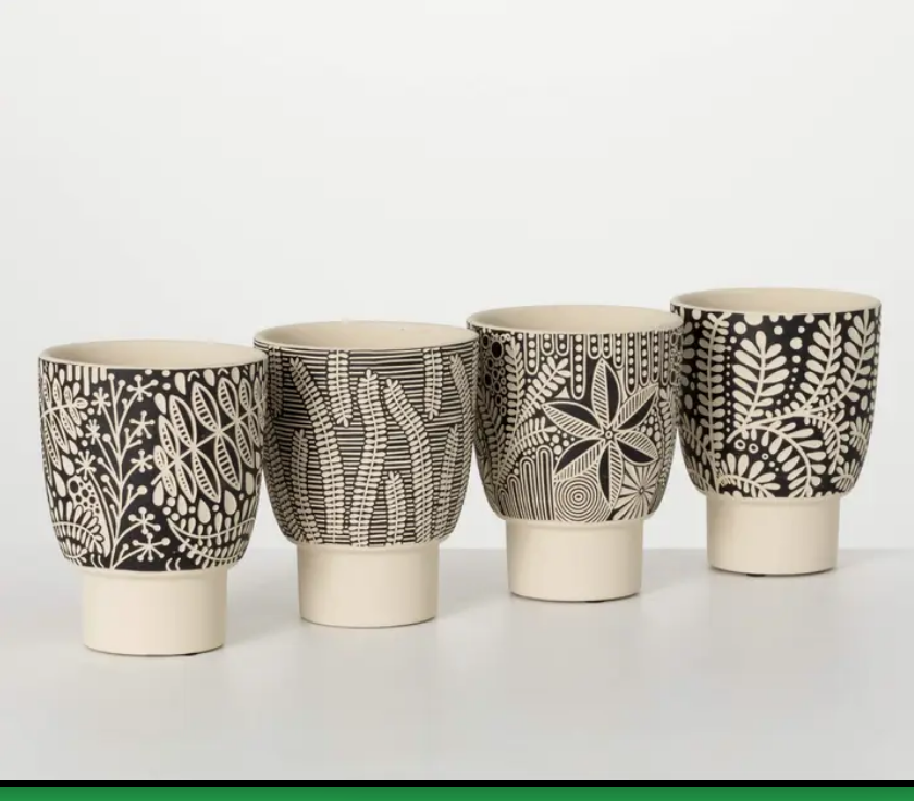 Black Botanical Patterned Pots