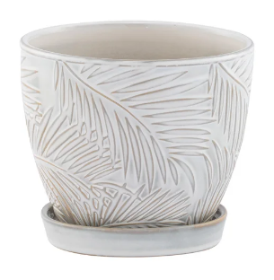 White Palm Leaf Planter w/ Saucer