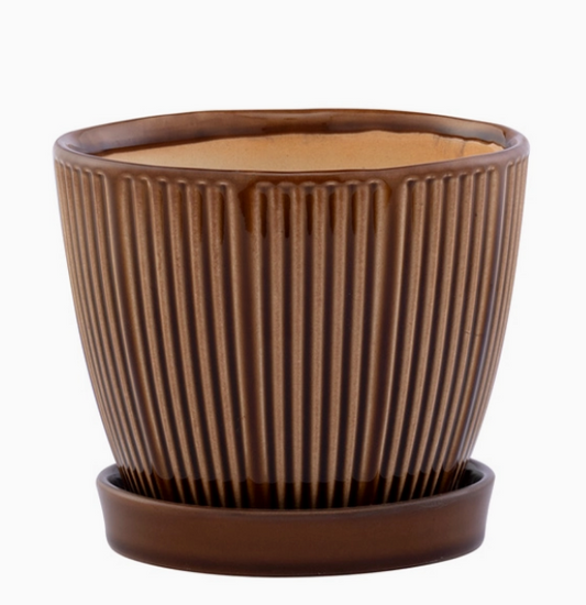 Brown Ribbed Planter w/ saucer