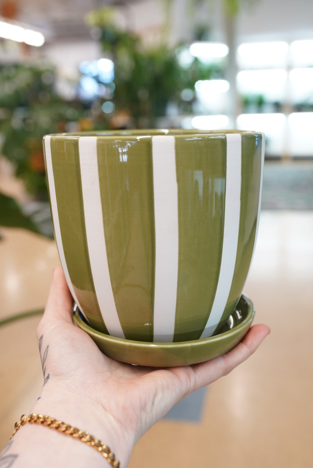Green/White Stripe Planter with Saucer